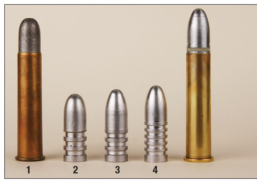 Here are some of Mike’s favorite bullets for .45-70 single shots: (1) an original 1880s military load with 500-grain bullet, (2) a 500-grain RN from Steve Brooks custom mould, (3) a 530-grain RN from RCBS mould 45-530-RN and (4) a 560-grain RN from Steve Brooks custom mould. The loaded round at far right is one of Mike’s competition handloads using the latter bullet.